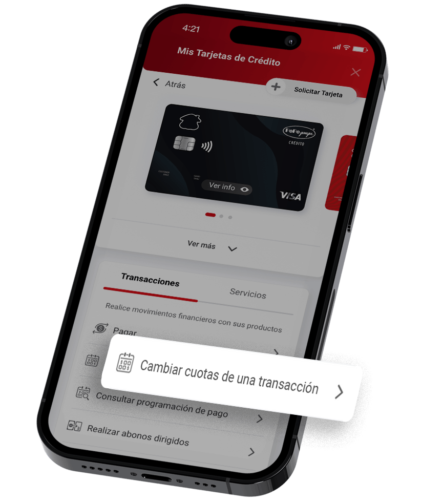 Ingrese a la sección «Transacciones» y luego «Cambiar Número de Cuotas» 